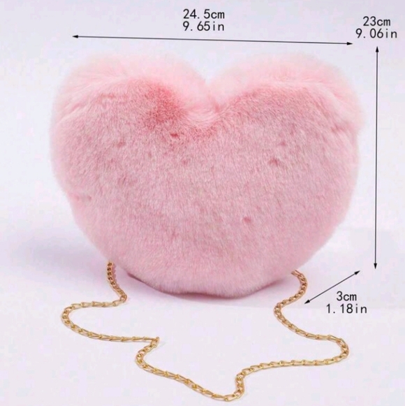 Pink Heart Shaped Faux Fur Crossbody Bag with Gold Chain - Picture 6 of 6